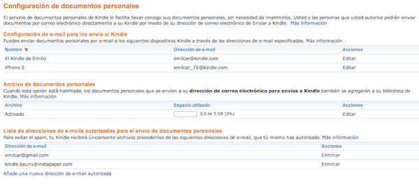 Configuración de email Kindle en Amazon