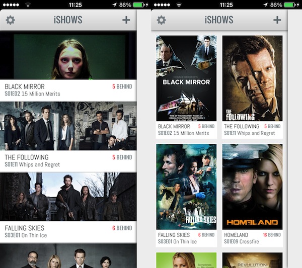 iShows - Las dos vistas del panel de series