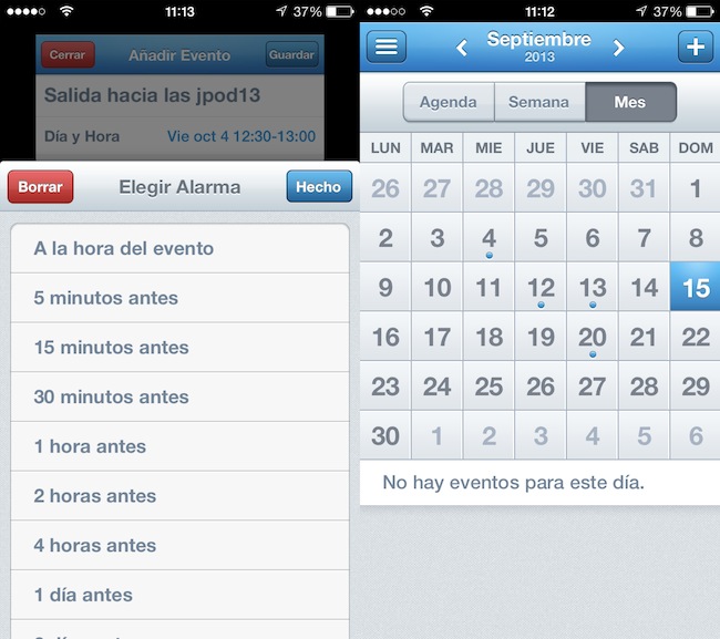 Añadir alarma y calendario mensual