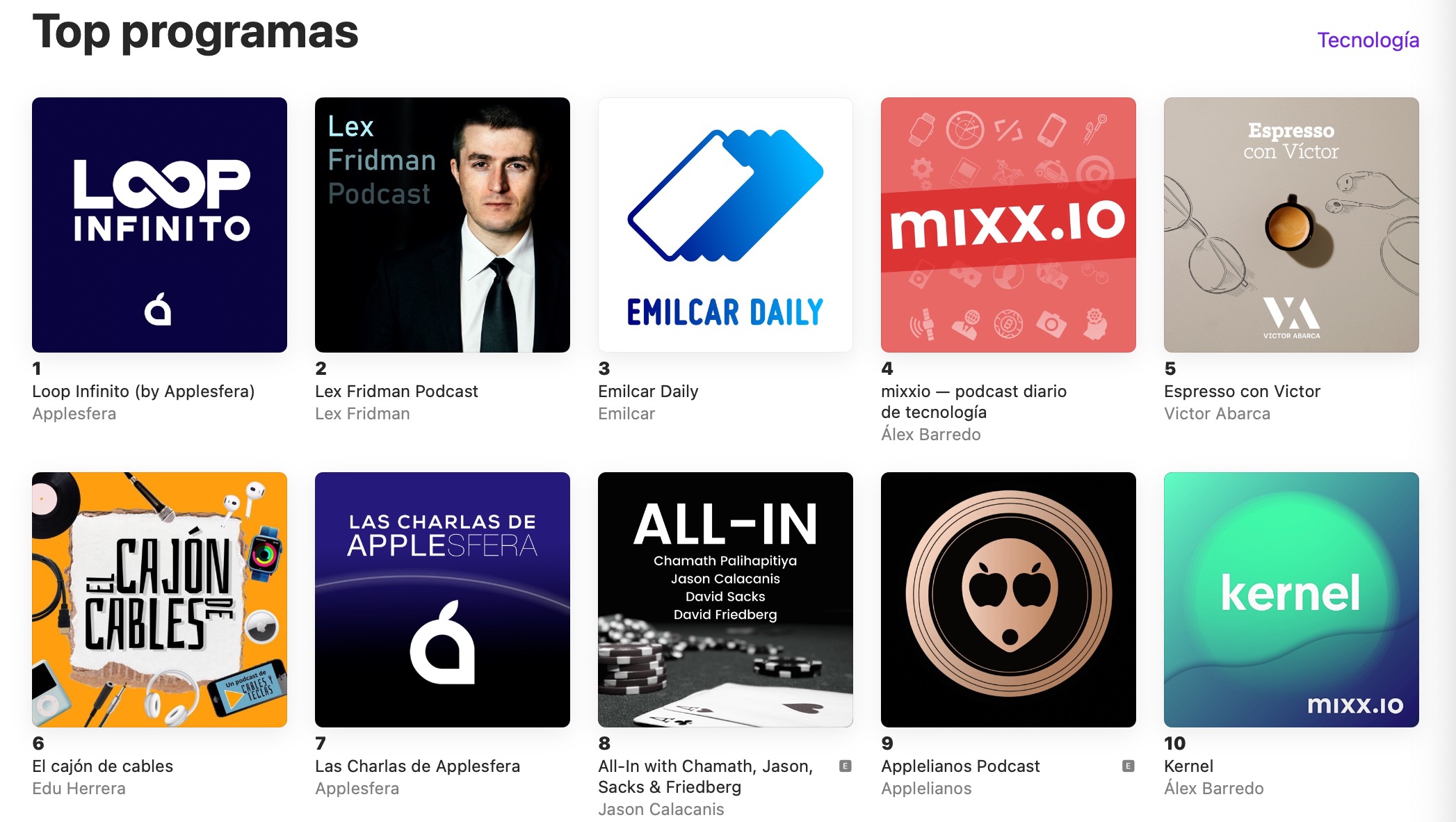 Top 10 de Tecnología en Apple Podcasts con Loop Infinito en el nº1, Lex Fridman inexplicablemente en el nº2 y Emilcar Daily en el nº3